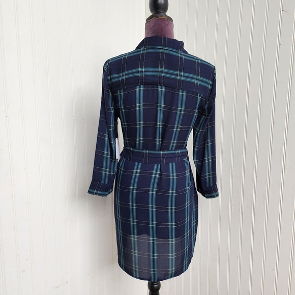 NWT 1. STATE $119 Long Sleeve Button Up Plaid Dress Pine Grove Blue Green XS - Picture 6 of 14